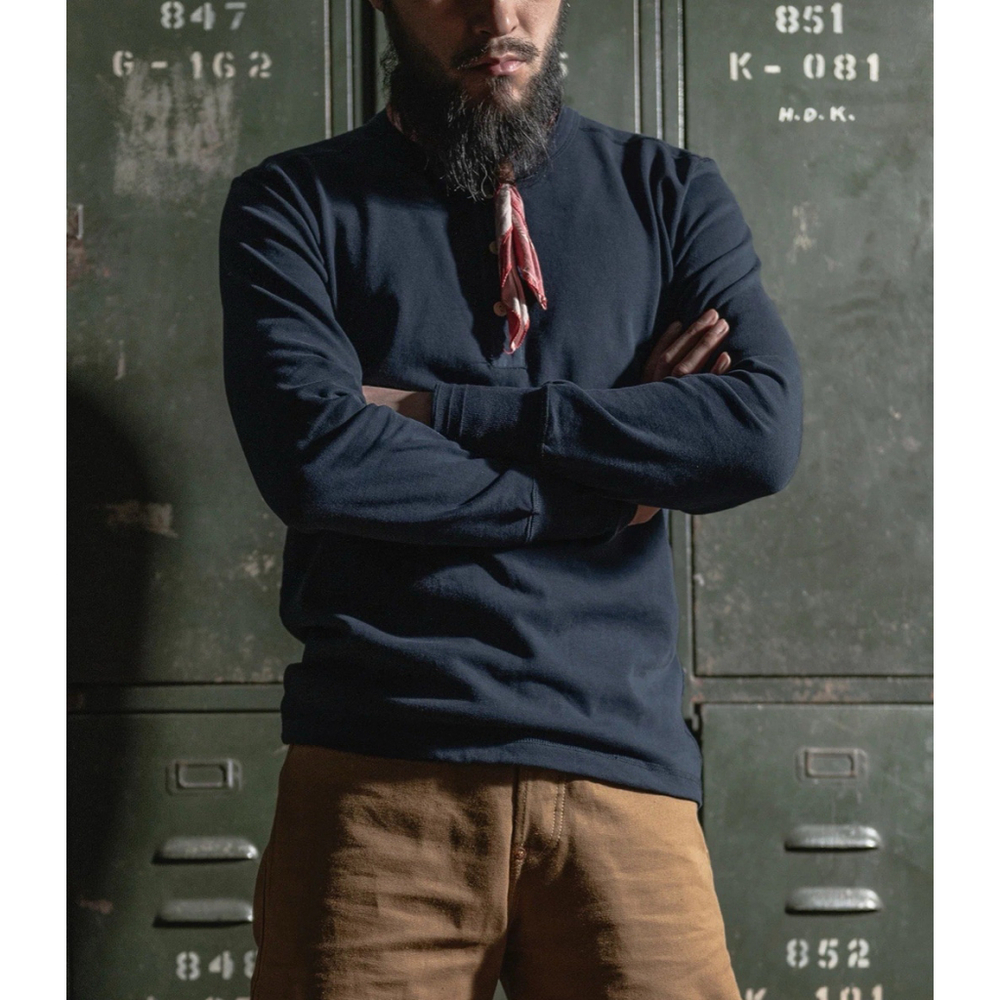 Vintage Long Sleeve Henley Shirt Navy Bronson Navy Size L 🇺🇸shipp